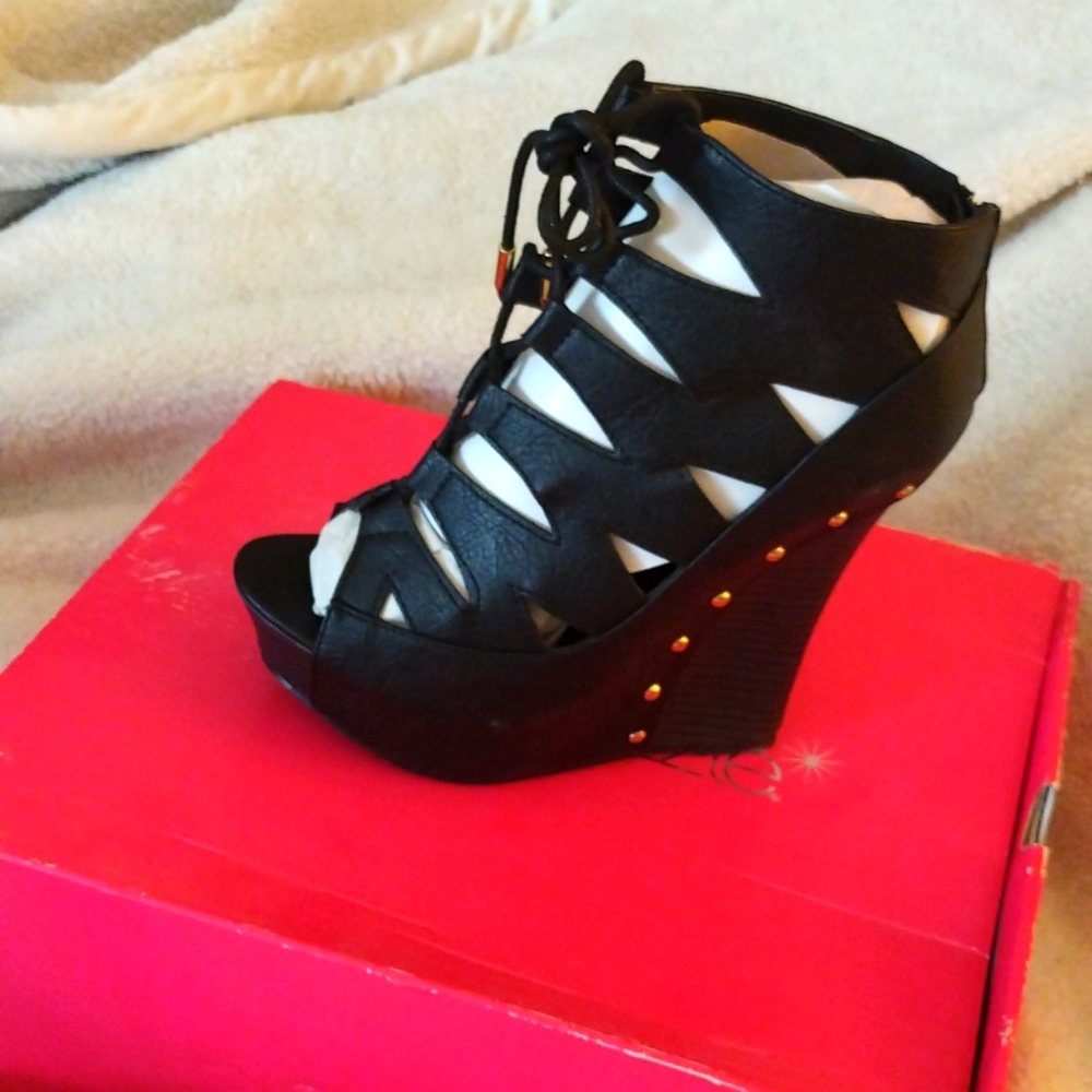 Black gold studded wedges